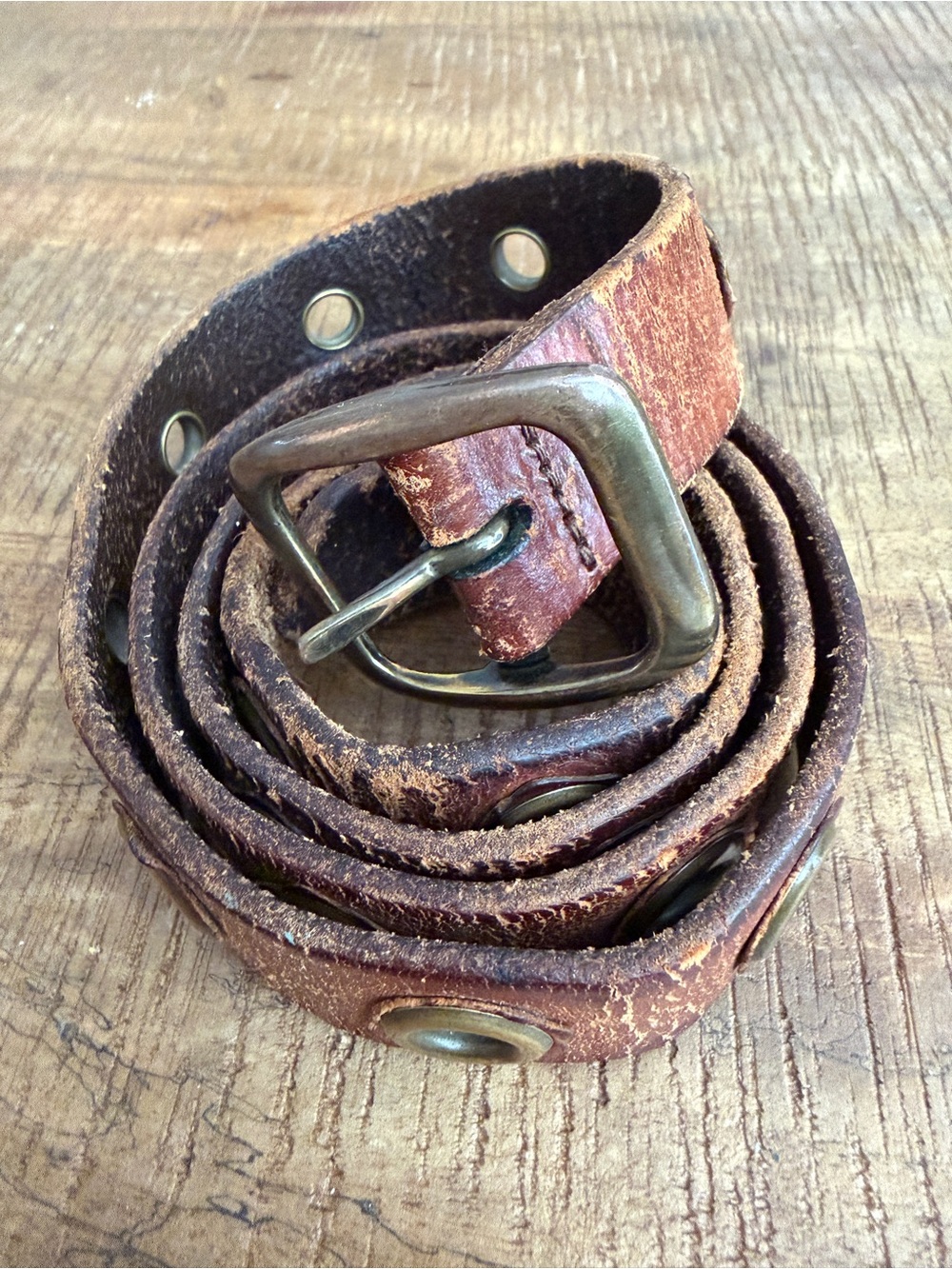 Women’s Distressed Brown Leather Belt With Aged Brass Grommets